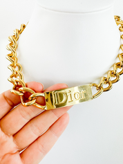 Vintage Christian Dior  ID choker Necklace, Dior Chain Necklace, Gold Tone Necklace John Galliano Dior chunky Curb necklace , Gift for her