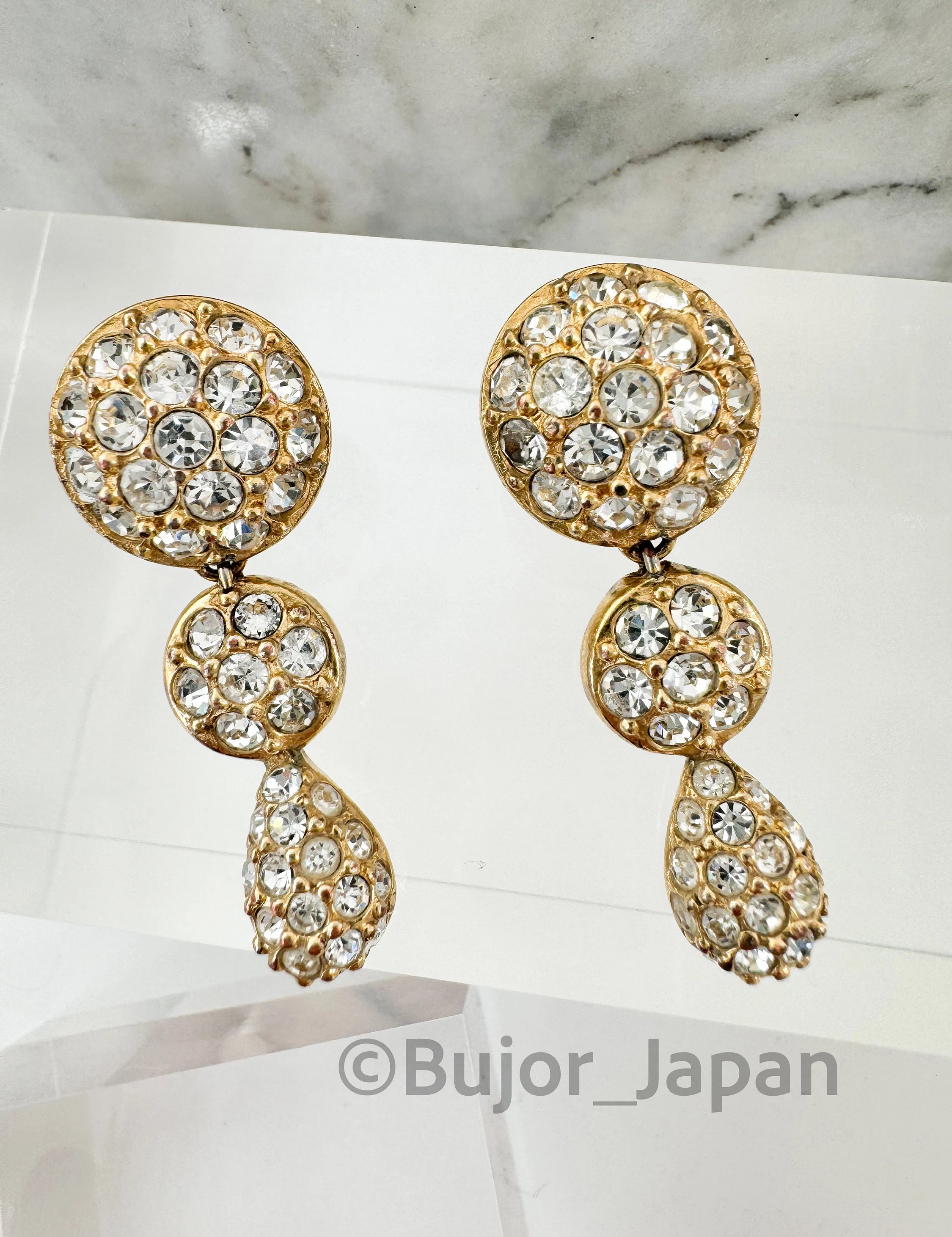 Vintage Christian Dior Dangle  , Germany Gold  Tone Earrings, Clip on Earrings, Crystal Rhinestones, Gift for Her, Women Jewelry