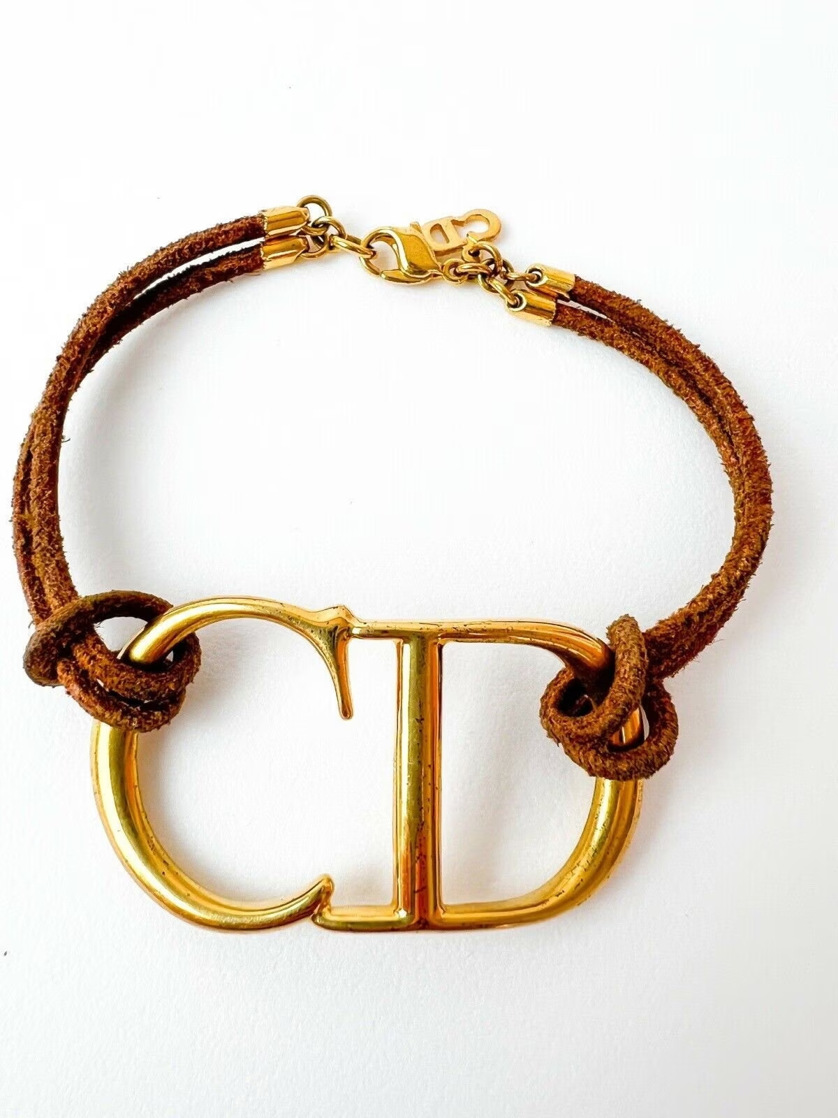 Vintage Christian  Dior Bracelet, Gold Tone Bracelet, CD Logo, Bracelet Brown Cord, Vintage Jewelry, Charm Bracelet, Jewelry for Women