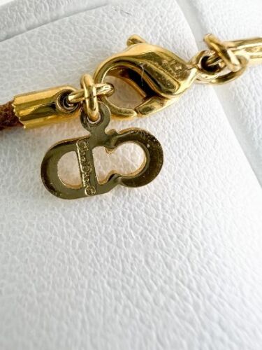 Christian Dior Vintage Necklace Gold Tone CD logo Brown Rope