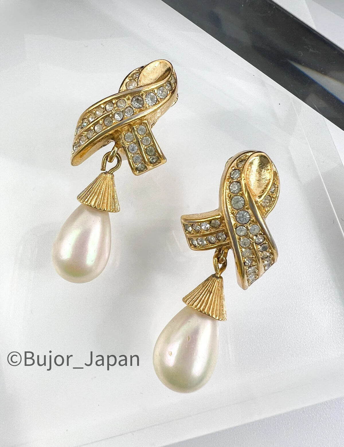 Vintage Christian Dior Earrings, Gold Tone Earrings, Dangle Pearl Earrings, Vintage Rhinestones, Drop Earrings, Jewelry for Women