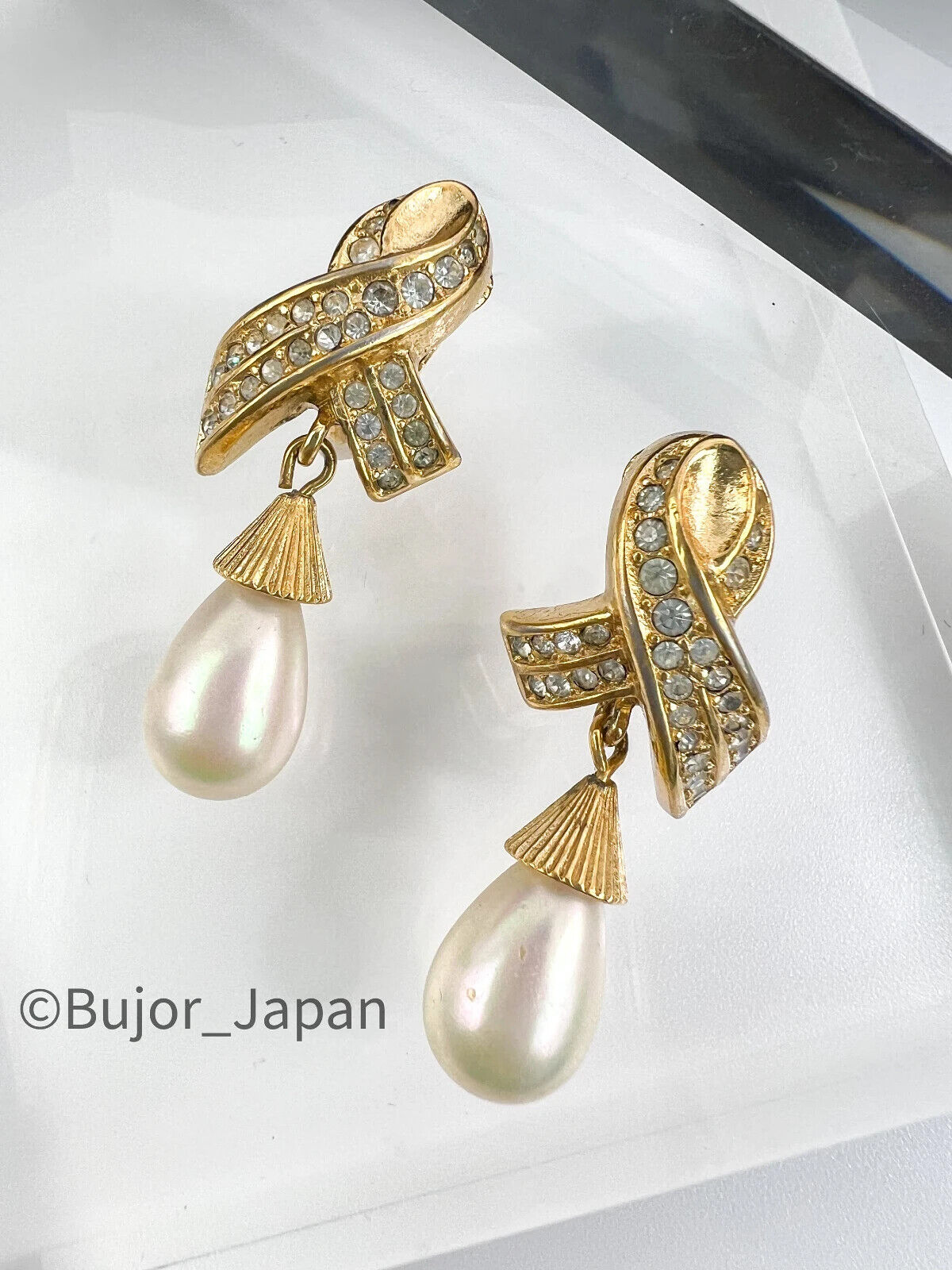 Vintage Christian Dior Earrings, Gold Tone Earrings, Dangle Pearl Earrings, Vintage Rhinestones, Drop Earrings, Jewelry for Women