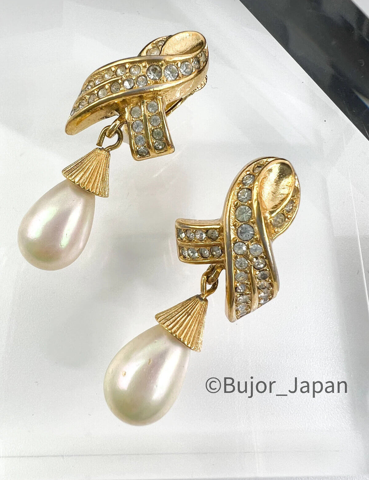 Vintage Christian Dior Earrings, Gold Tone Earrings, Dangle Pearl Earrings, Vintage Rhinestones, Drop Earrings, Jewelry for Women