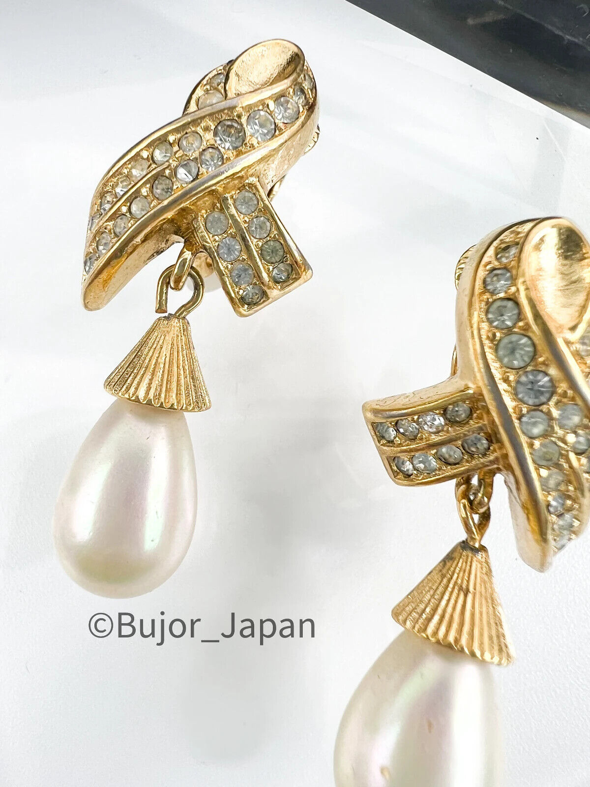 Vintage Christian Dior Earrings, Gold Tone Earrings, Dangle Pearl Earrings, Vintage Rhinestones, Drop Earrings, Jewelry for Women