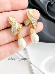 Vintage Christian Dior Earrings, Gold Tone Earrings, Dangle Pearl Earrings, Vintage Rhinestones, Drop Earrings, Jewelry for Women