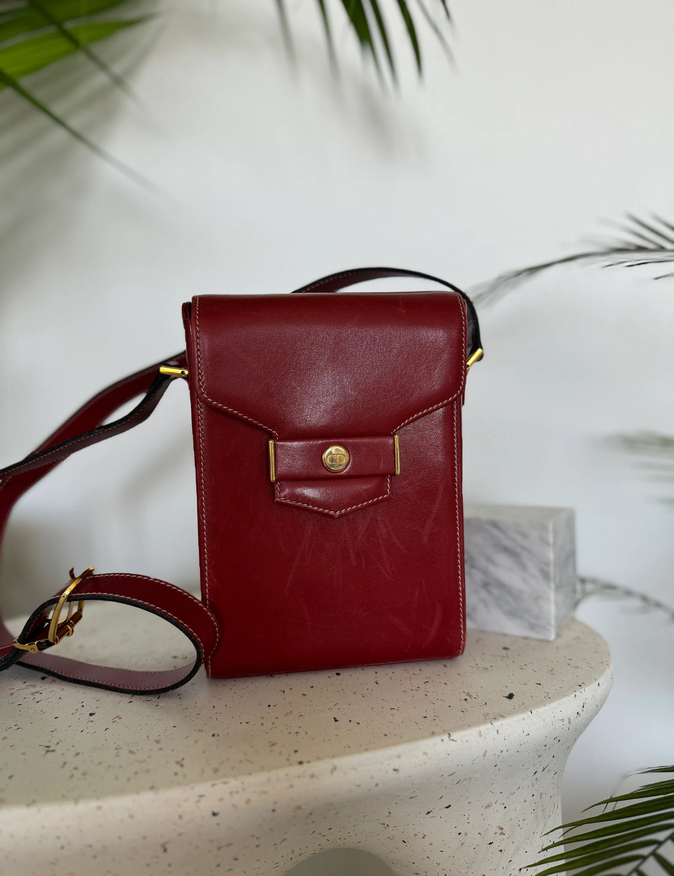 Christian Dior Bag Vintage Red leather Logo 2 Ways Shoulder Cross body Bujor Japan