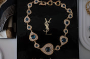 Vintage Yves Saint Laurent Blue Crystal Heart Brooch & Earrings Set Gold Tone