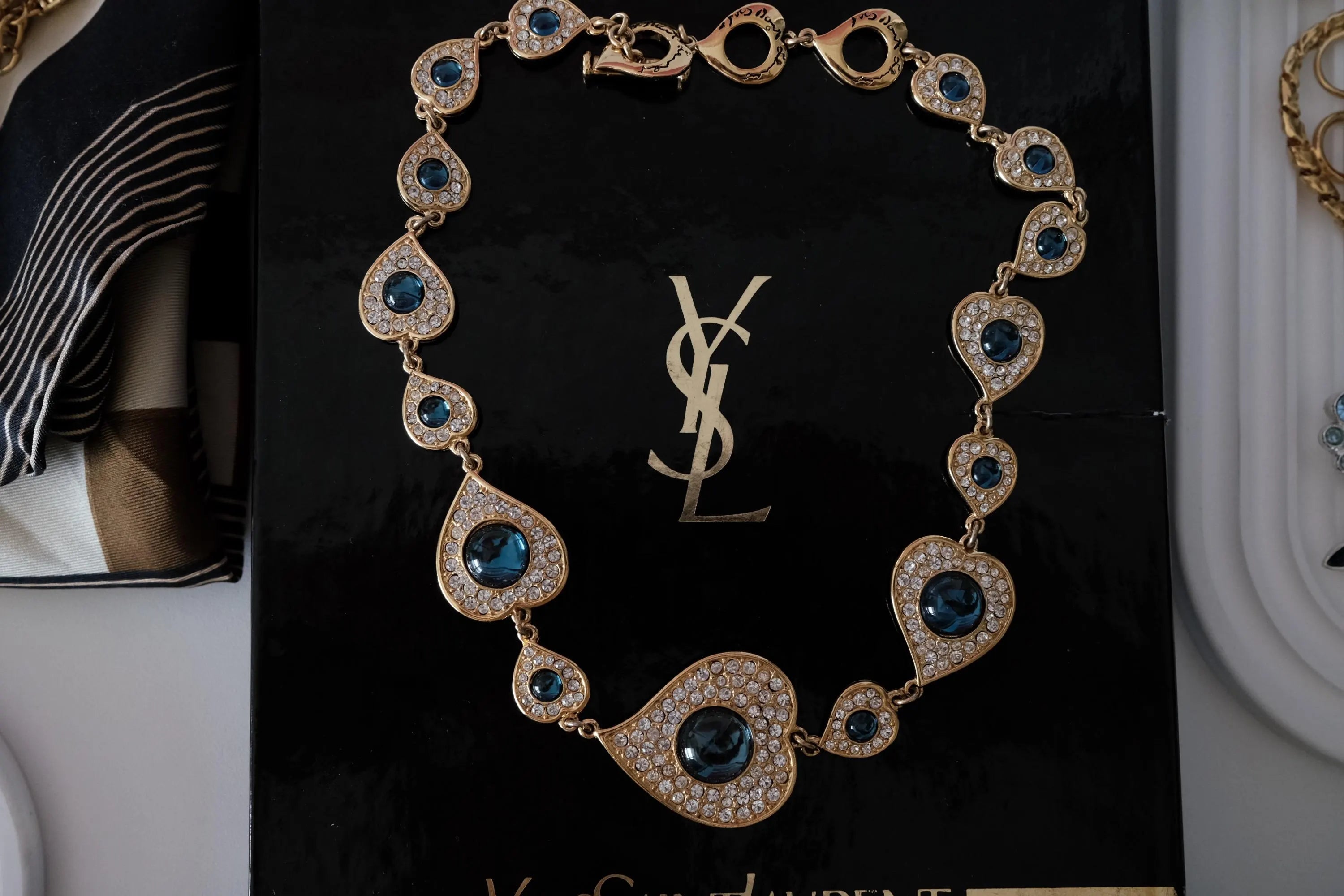 Vintage Yves Saint Laurent Blue Crystal Heart Brooch & Earrings Set Gold Tone