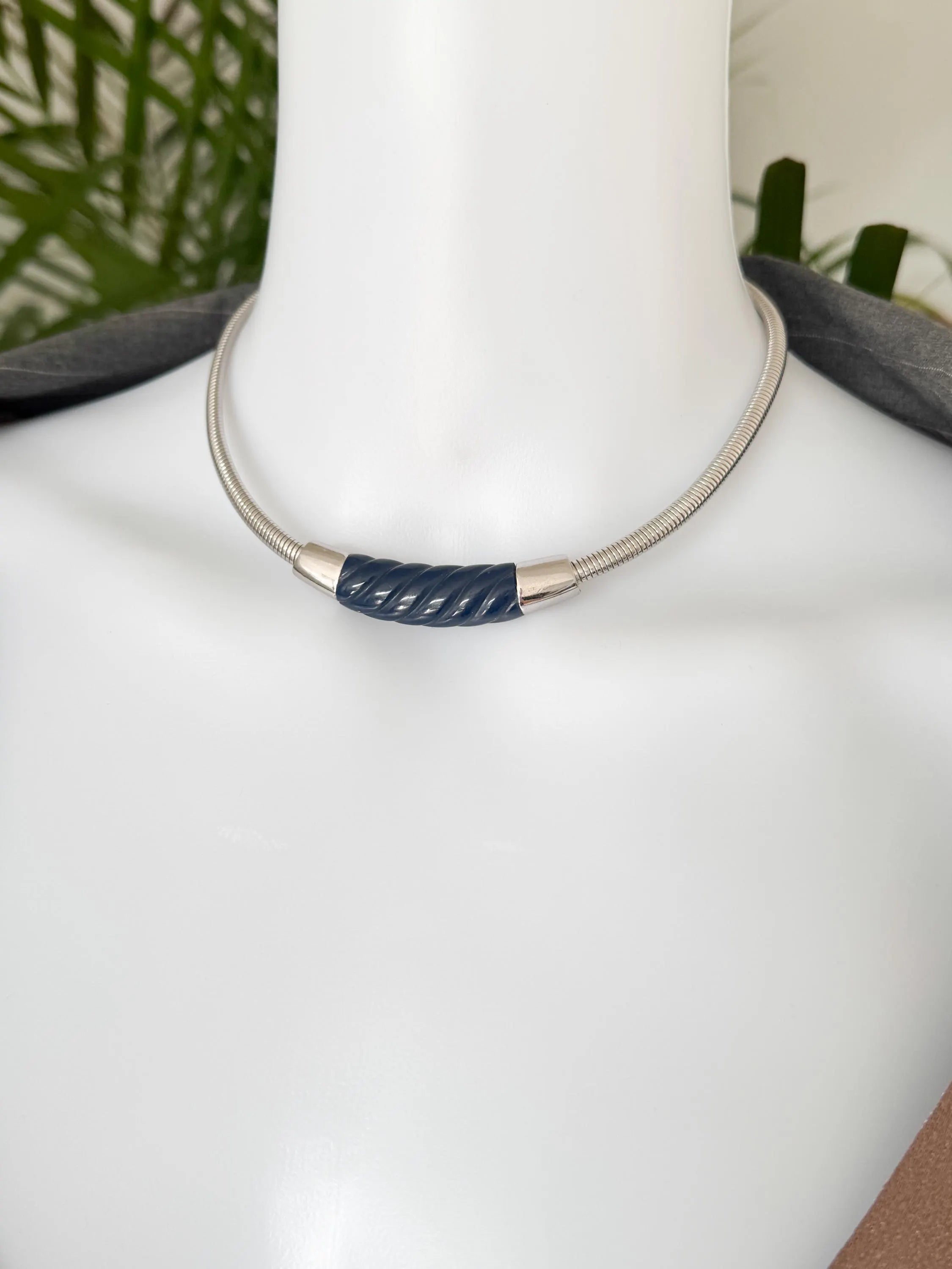 Givenchy 1975 Silver & Navy Resin Choker Necklace Charm Vintage
