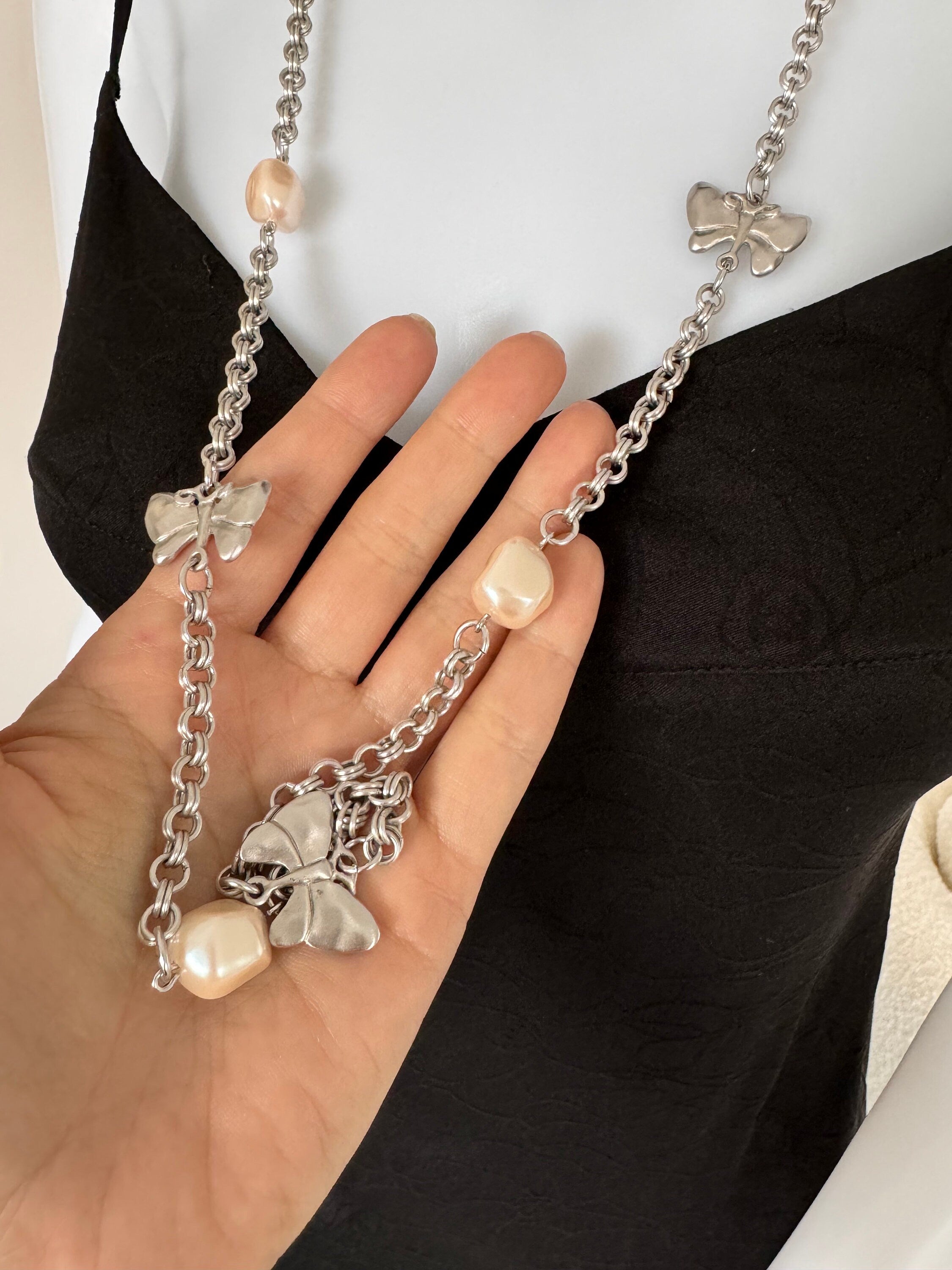 Vintage Givenchy Necklace, Silver  Tone Necklace, Jewelry necklace, Long Necklace, butterfly Charms Classic, Vintage Jewelry, Gift for her