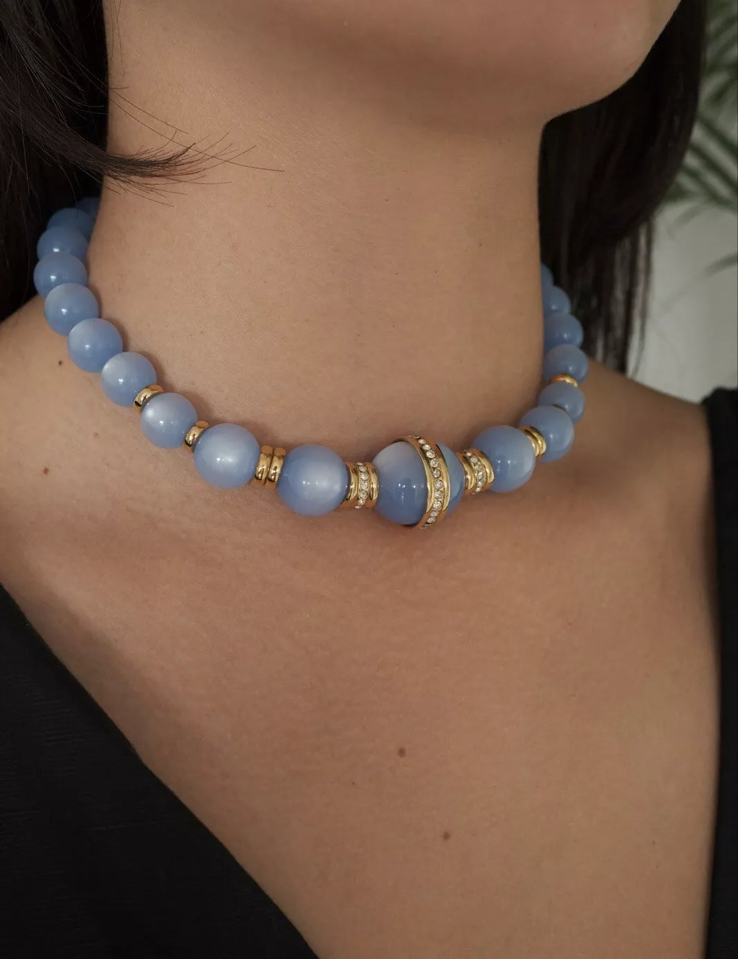 Givenchy Vintage necklace Blue Glass Lucite choker  beaded Rhinestone Gold  necklace choker, Chain Necklace, Gift for her, Jewelry for women