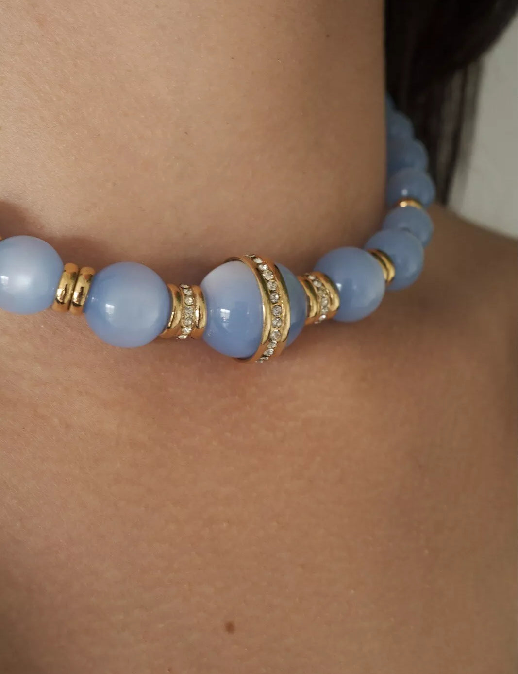 Givenchy Vintage necklace Blue Glass Lucite choker  beaded Rhinestone Gold  necklace choker, Chain Necklace, Gift for her, Jewelry for women