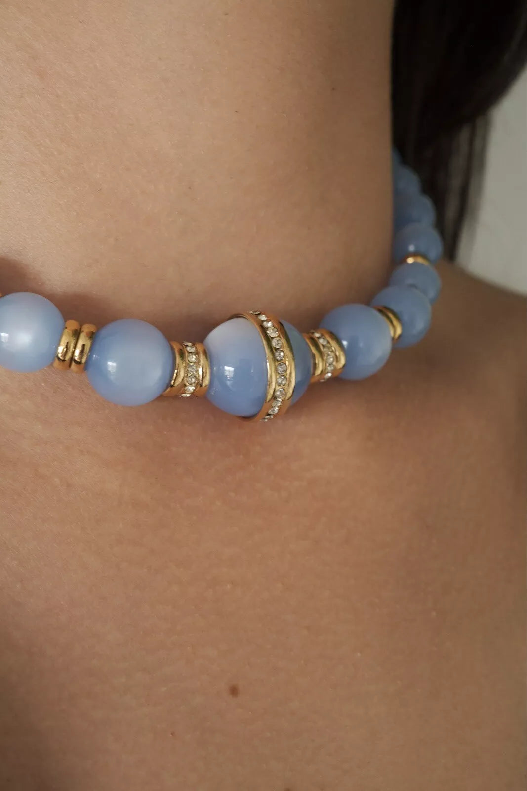 Givenchy Vintage necklace Blue Glass Lucite choker  beaded Rhinestone Gold  necklace choker, Chain Necklace, Gift for her, Jewelry for women