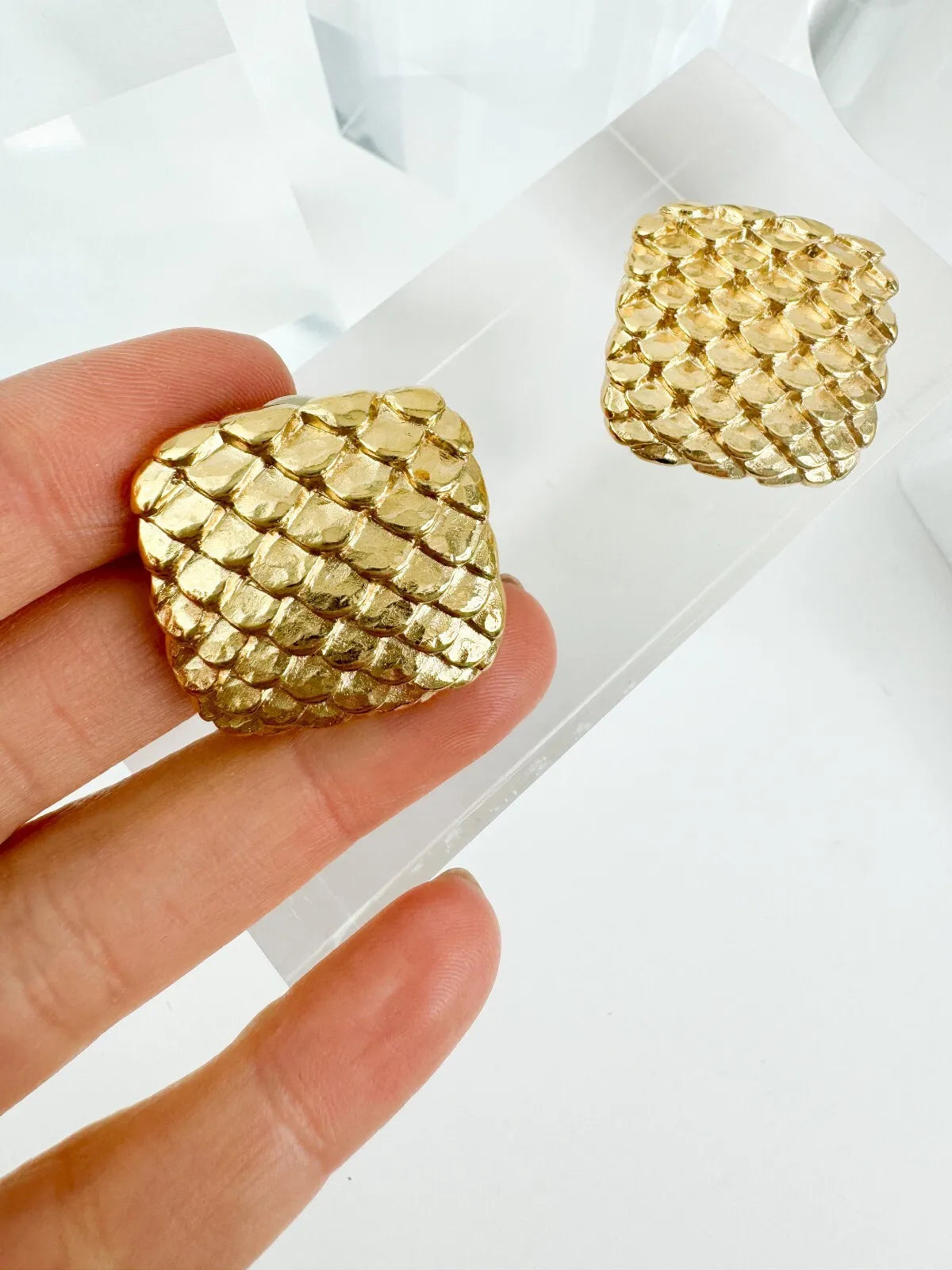 Givenchy gold tone scale square Earrings Clip on Vintage Bridal Jewelr Bujor Japan