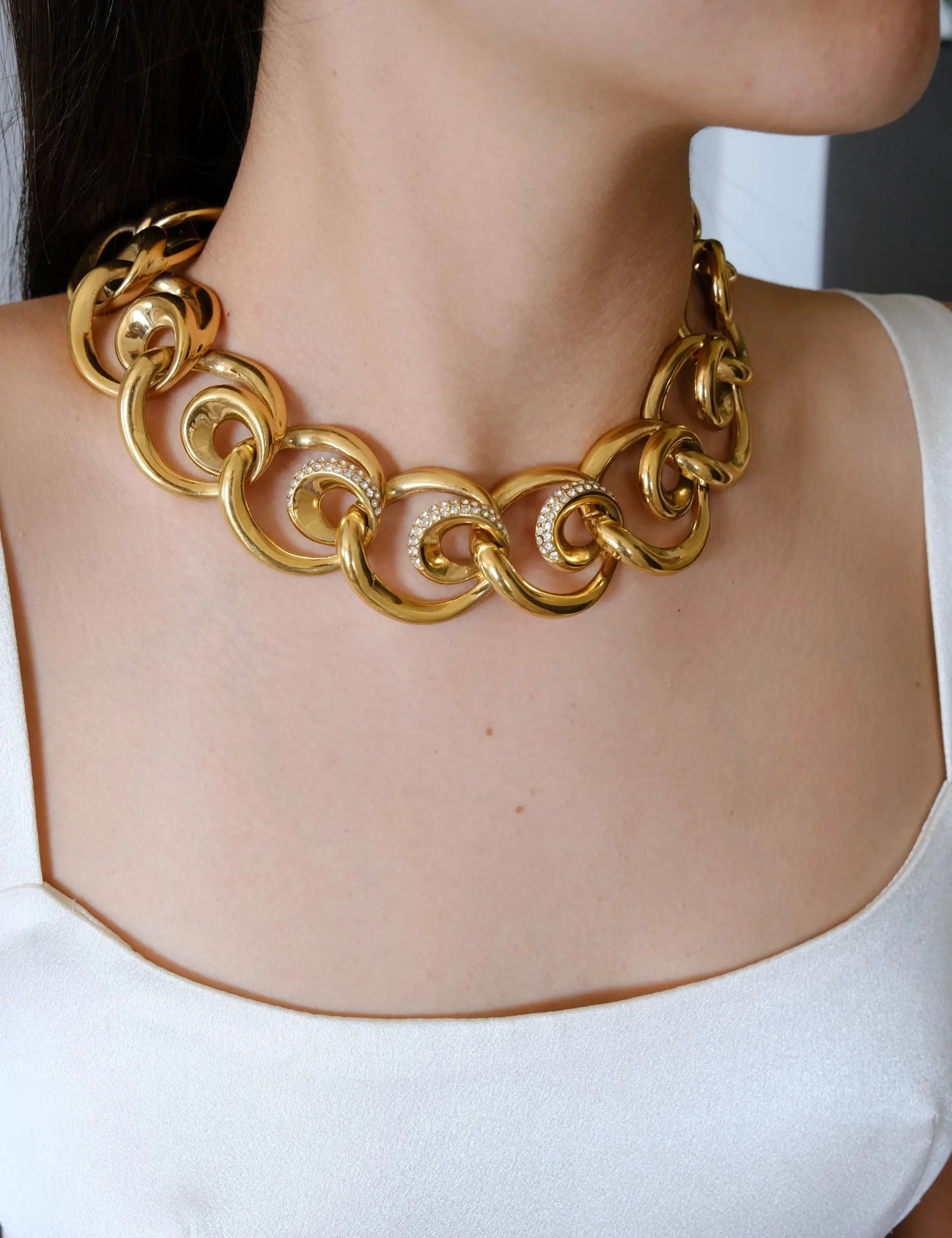 Vintage Givenchy gold plated crystal ring link openwork choker necklace