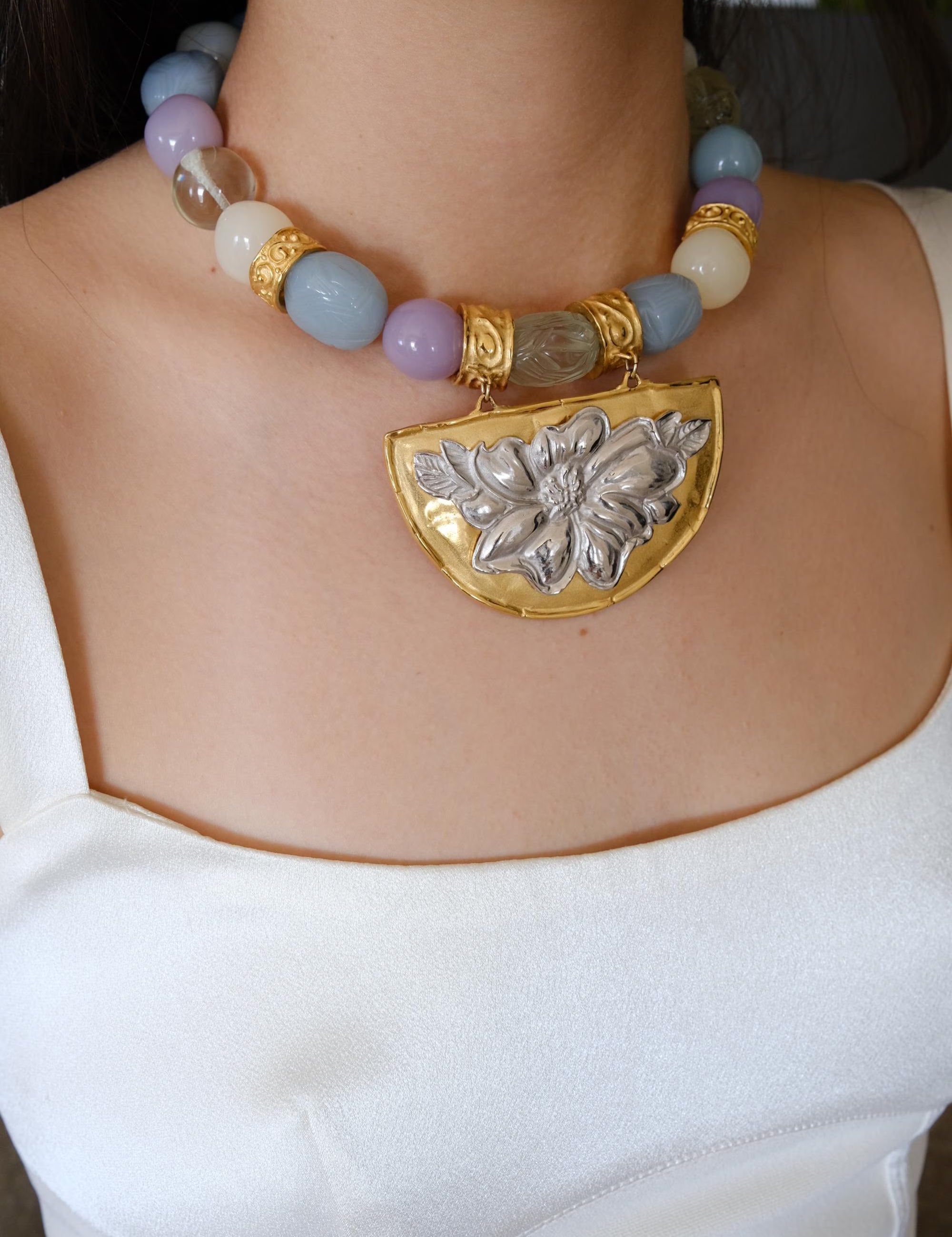 Vintage Givenchy gold plated pastel bead choker necklace with bold oversized beads