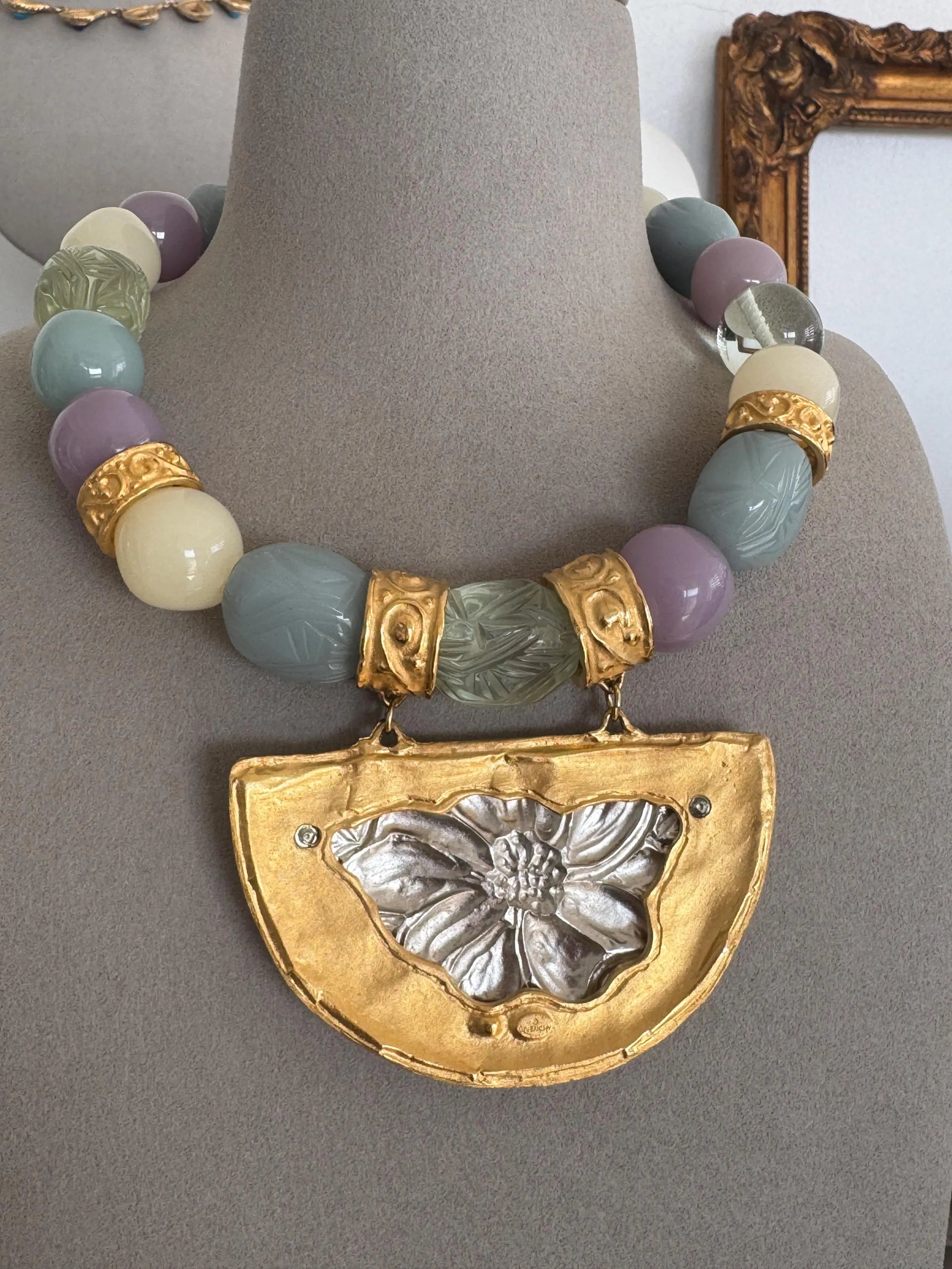 Vintage Givenchy gold plated pastel bead choker necklace with bold oversized beads