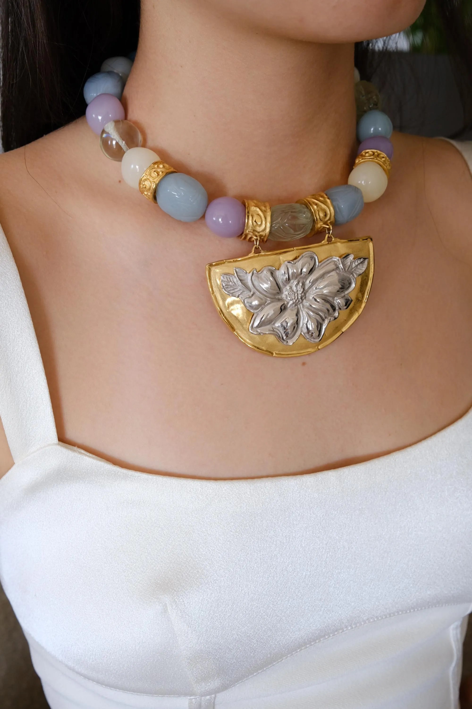 Vintage Givenchy gold plated pastel bead choker necklace with bold oversized beads