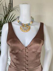 Vintage Givenchy statement pastel bead choker necklace worn as designer jewelry