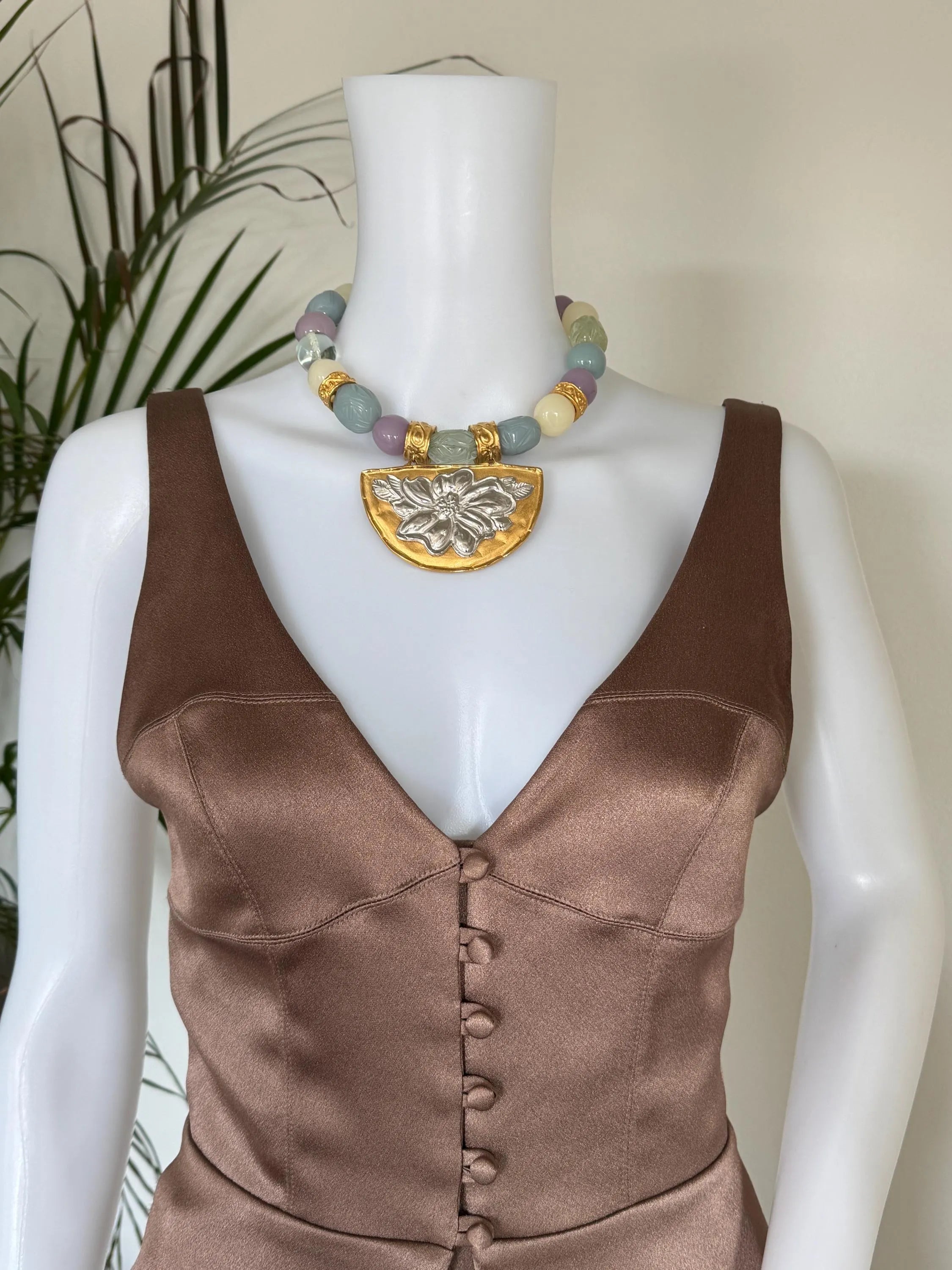 Vintage Givenchy statement pastel bead choker necklace worn as designer jewelry
