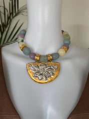Vintage Givenchy statement pastel bead choker necklace worn as designer jewelry