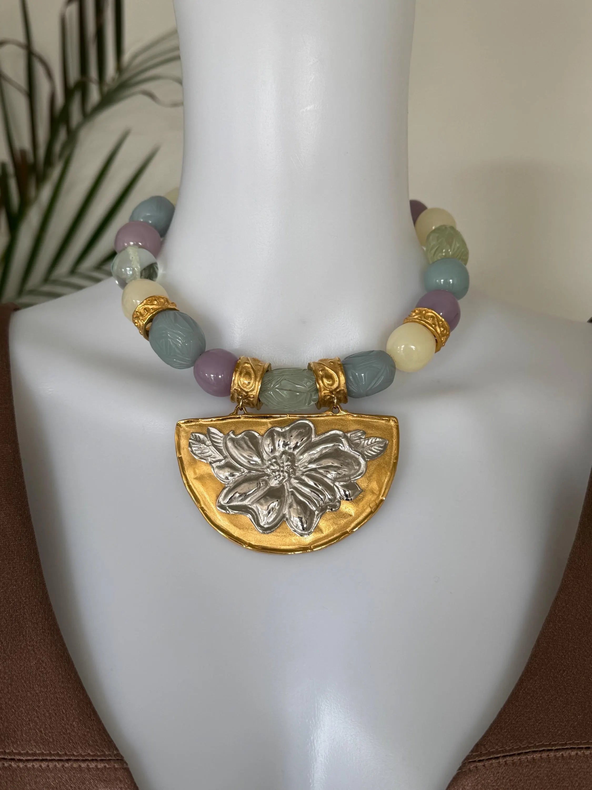 Vintage Givenchy statement pastel bead choker necklace worn as designer jewelry