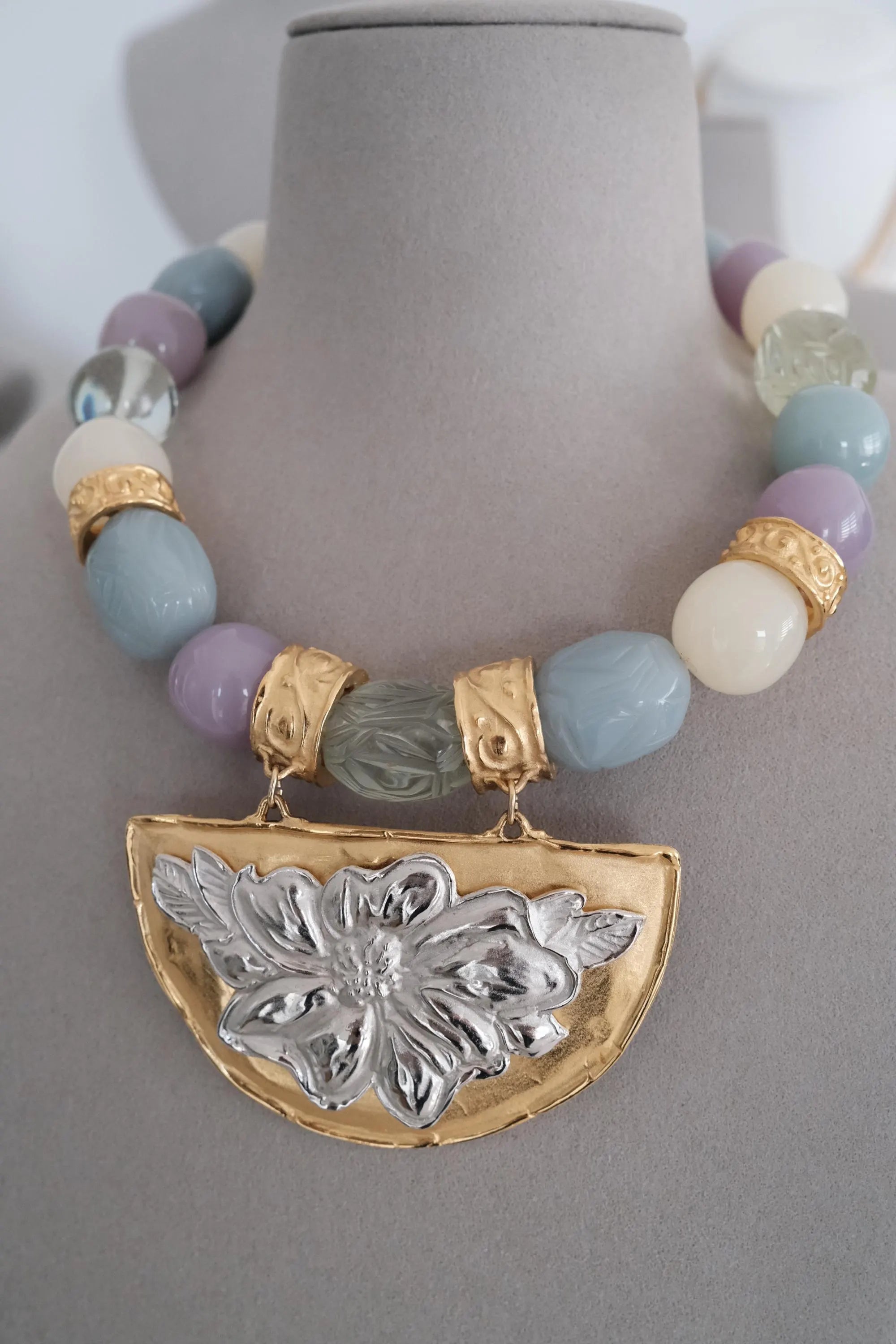 Vintage Givenchy gold plated choker necklace featuring pastel beads and matte finish