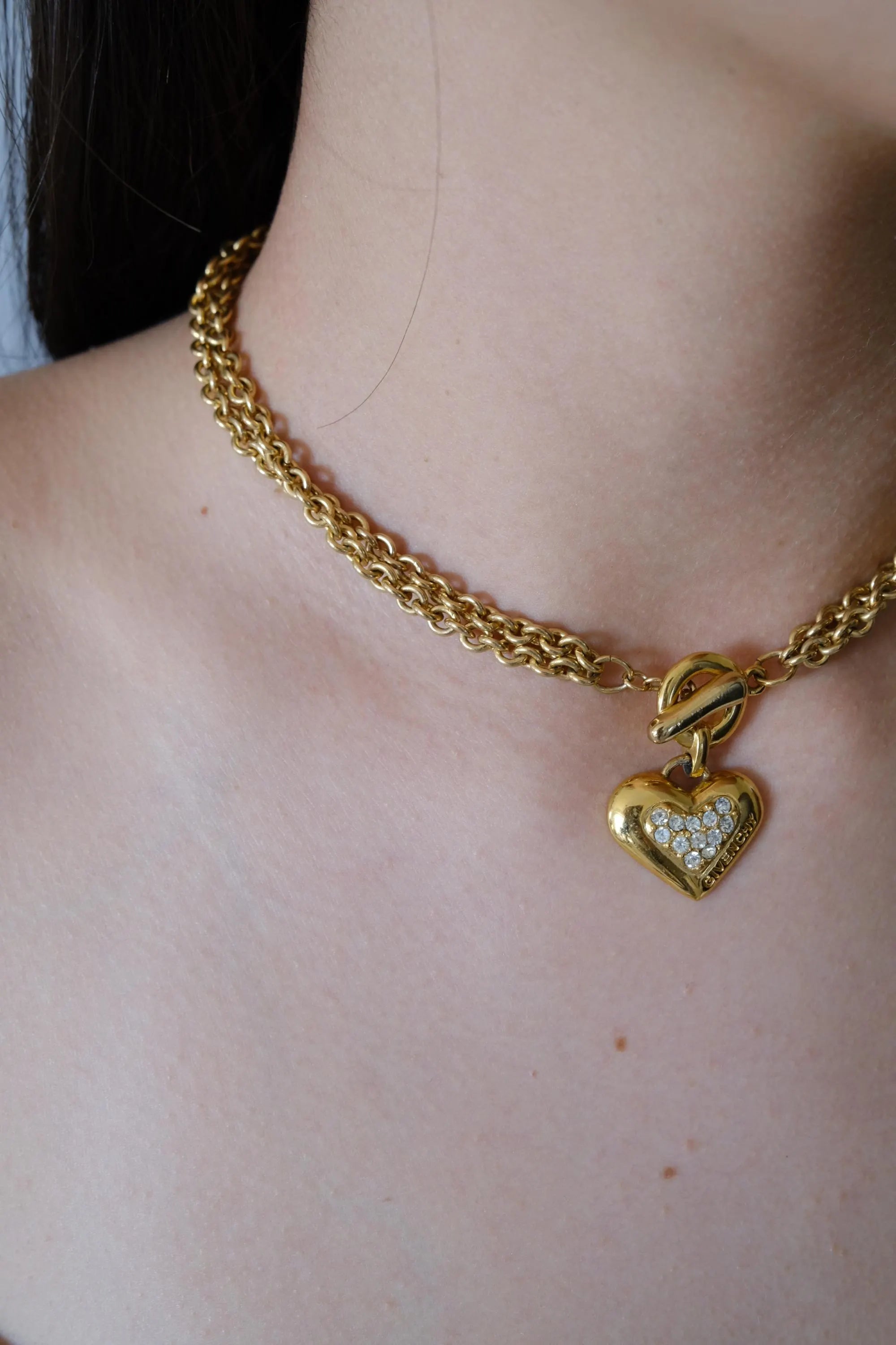 Vintage Givenchy chunky heart pendant choker necklace worn as statement jewelry