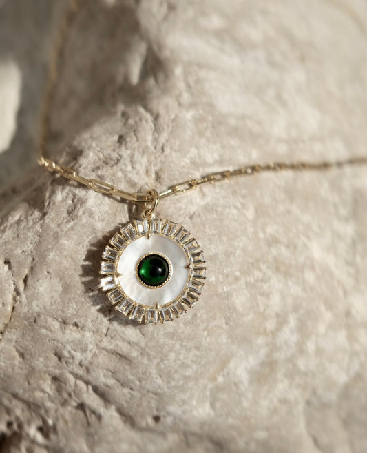 Dainty Necklace, Mother of pearl Necklace, Evil Eye necklace, Solar eclipse necklace,  Halo Sun necklace , power necklace green