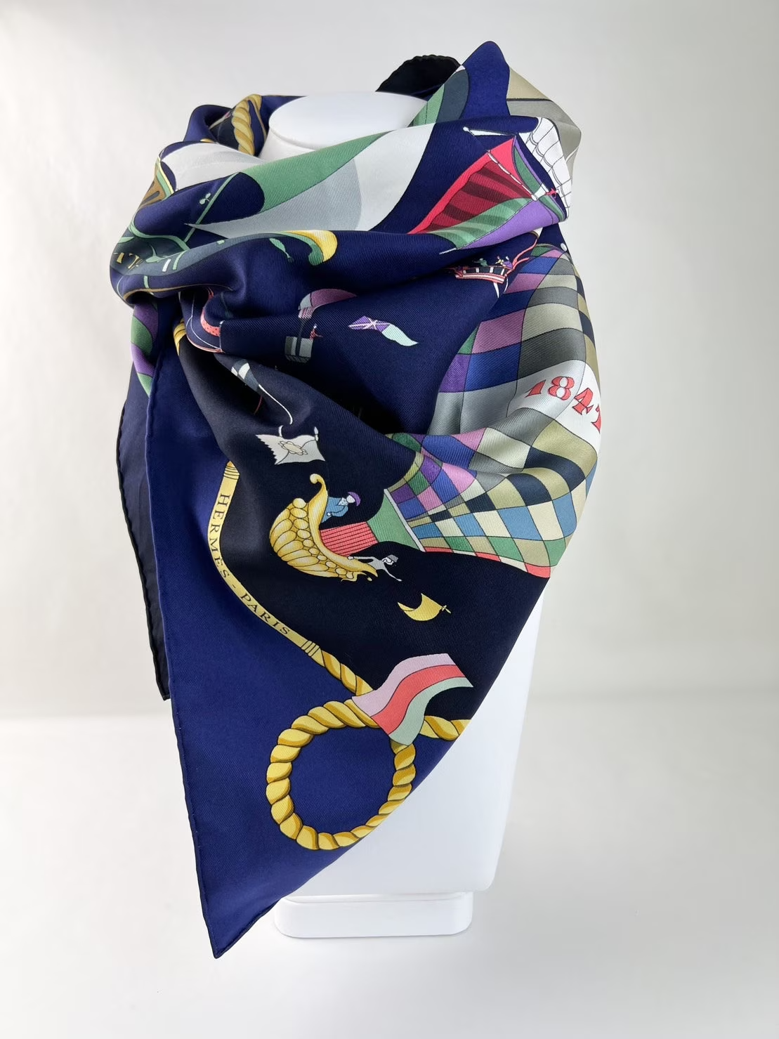 Hermes Scarf 90cm by "Les FOLIES DU CIEL" Silk wraps, Made in France, Wraps women blue, Vintage Scarf, birthday gift, Vintage Scarf
