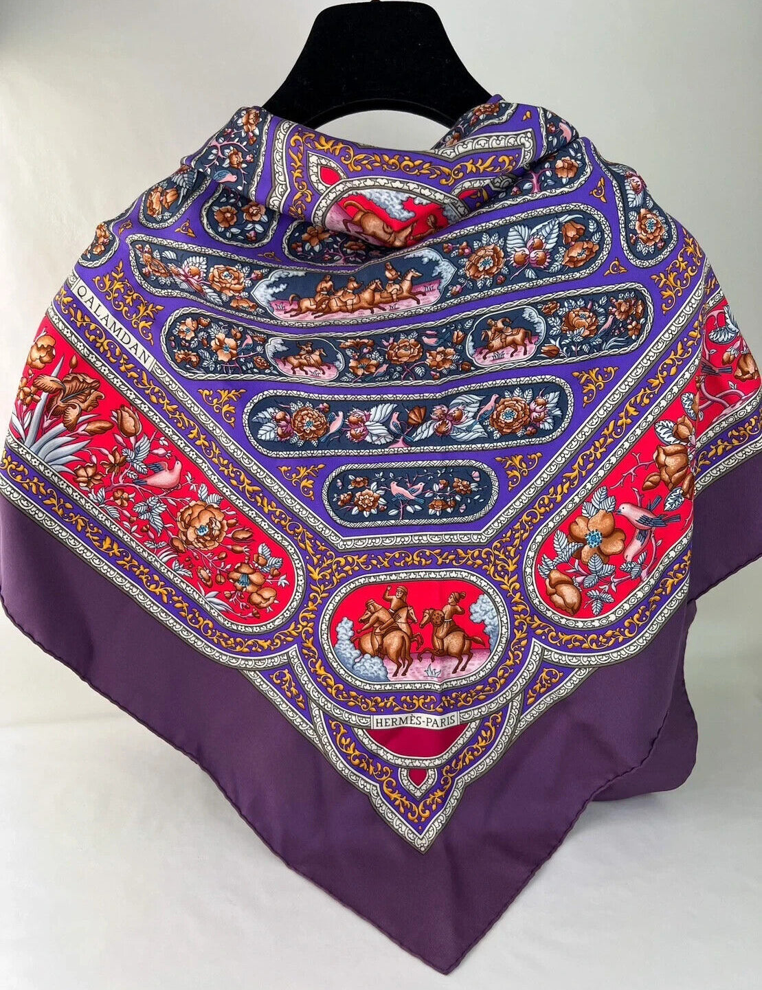 Hermes scarf vintage women, scarf, shawl, scarfs for women, vintage shawl, luxury shawl, Silk Scarf Wrap, “QALAMDAN” Made in France, Purple