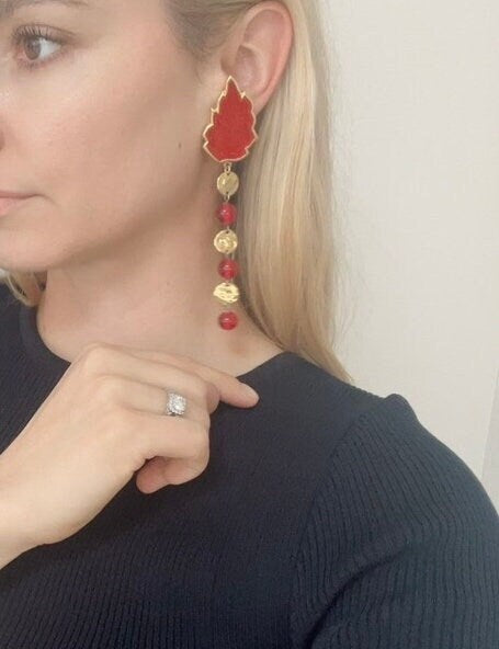 YSL Yves Saint Laurent Vintage Gold Tone Leaf Long Earrings Ruby Glass Beads
