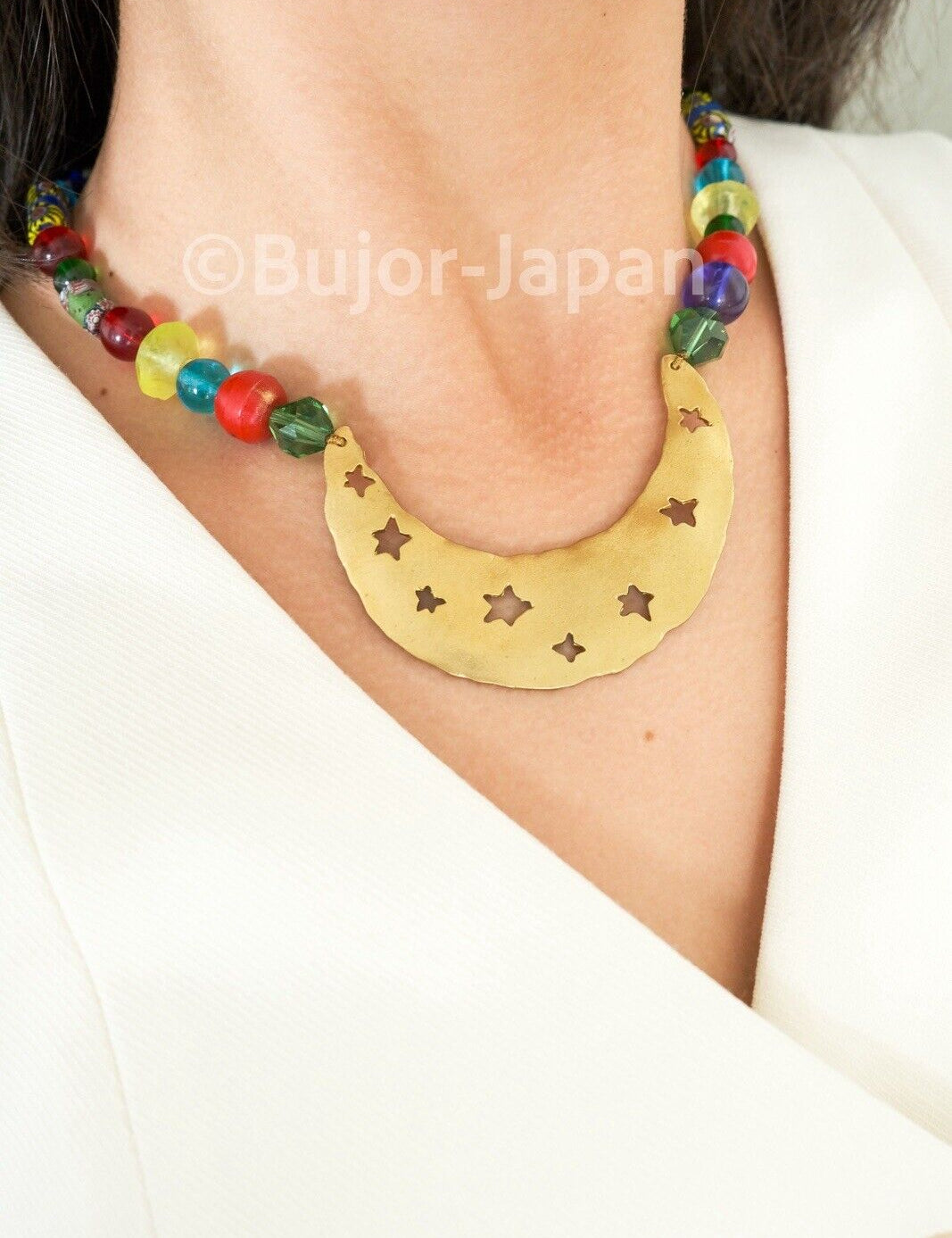 KENZO necklace, Vintage Kenzo moon necklace color glass bead choker, stars and moon necklace , vintage necklace Unisex, Jewelry for Women