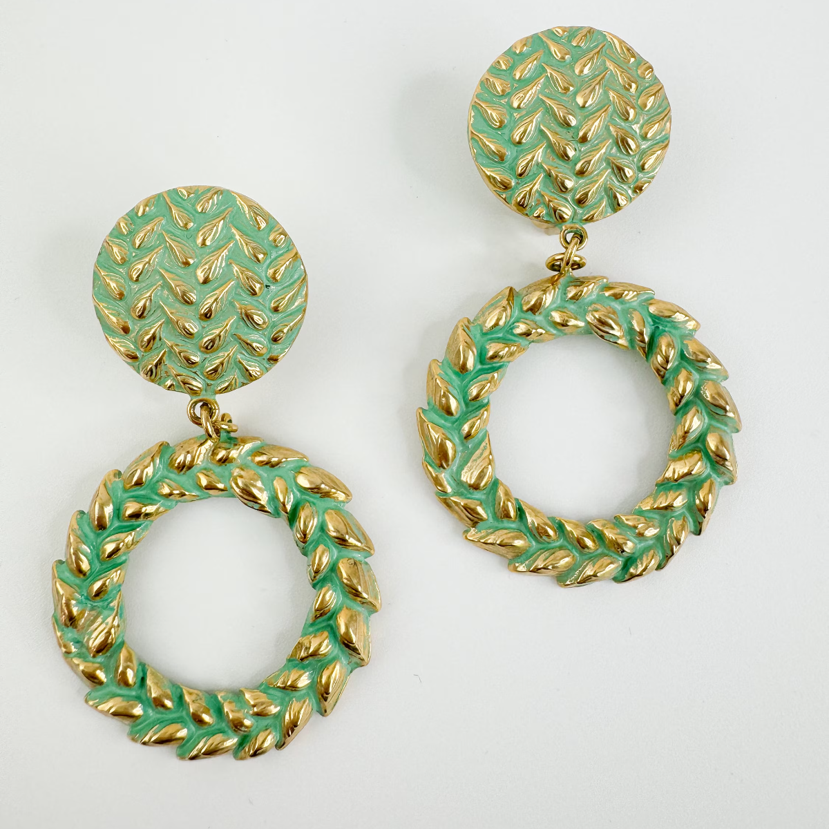 Vintage KENZO Earrings Gold, Leaf Earrings, Dangle Earrings, wheat Earrings, Green Earrings, Jewelry for Women, Gift for her, Earrings Large