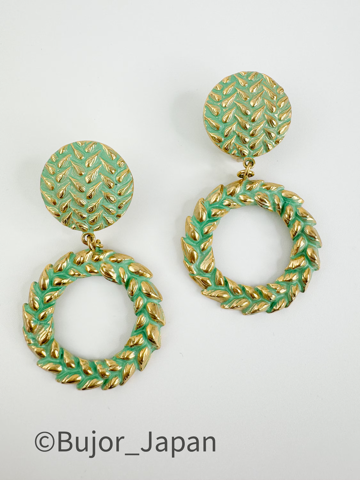 Vintage KENZO Earrings Gold, Leaf Earrings, Dangle Earrings, wheat Earrings, Green Earrings, Jewelry for Women, Gift for her, Earrings Large