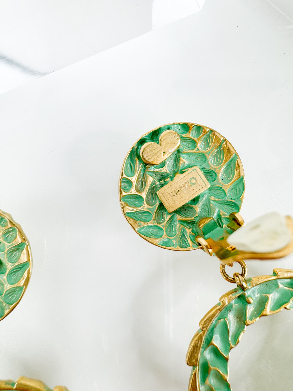Vintage KENZO Earrings Gold, Leaf Earrings, Dangle Earrings, wheat Earrings, Green Earrings, Jewelry for Women, Gift for her, Earrings Large