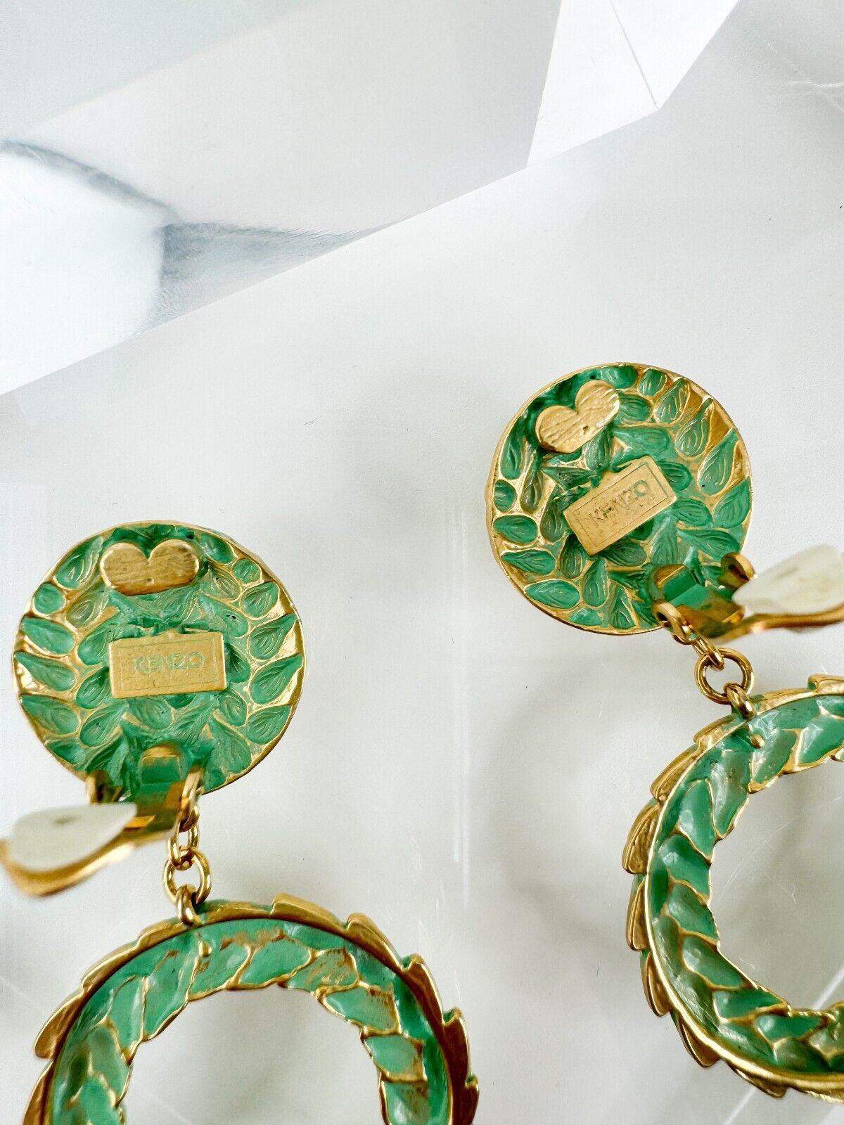 KENZO Vintage Earrings Hoop Dangle Green Leaf Earrings Gold Tone Wheat Bujor Japan