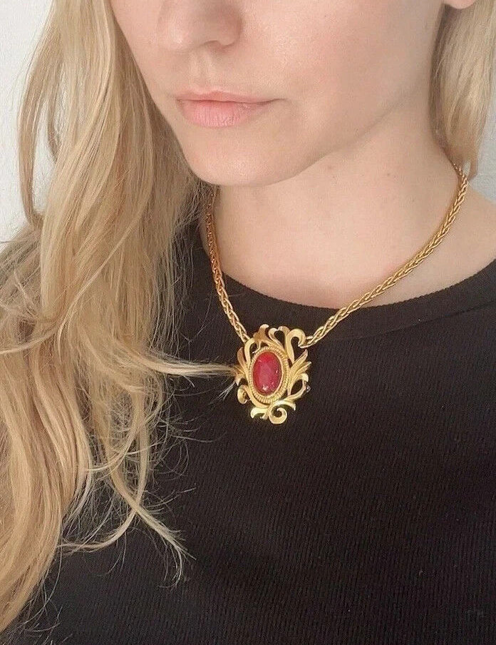 Vintage LANVIN Germany Necklace, Ruby Cabochon Charm Necklace, Choker Necklace Gold, Bridal Necklace, Jewelry necklace, Wedding Necklace