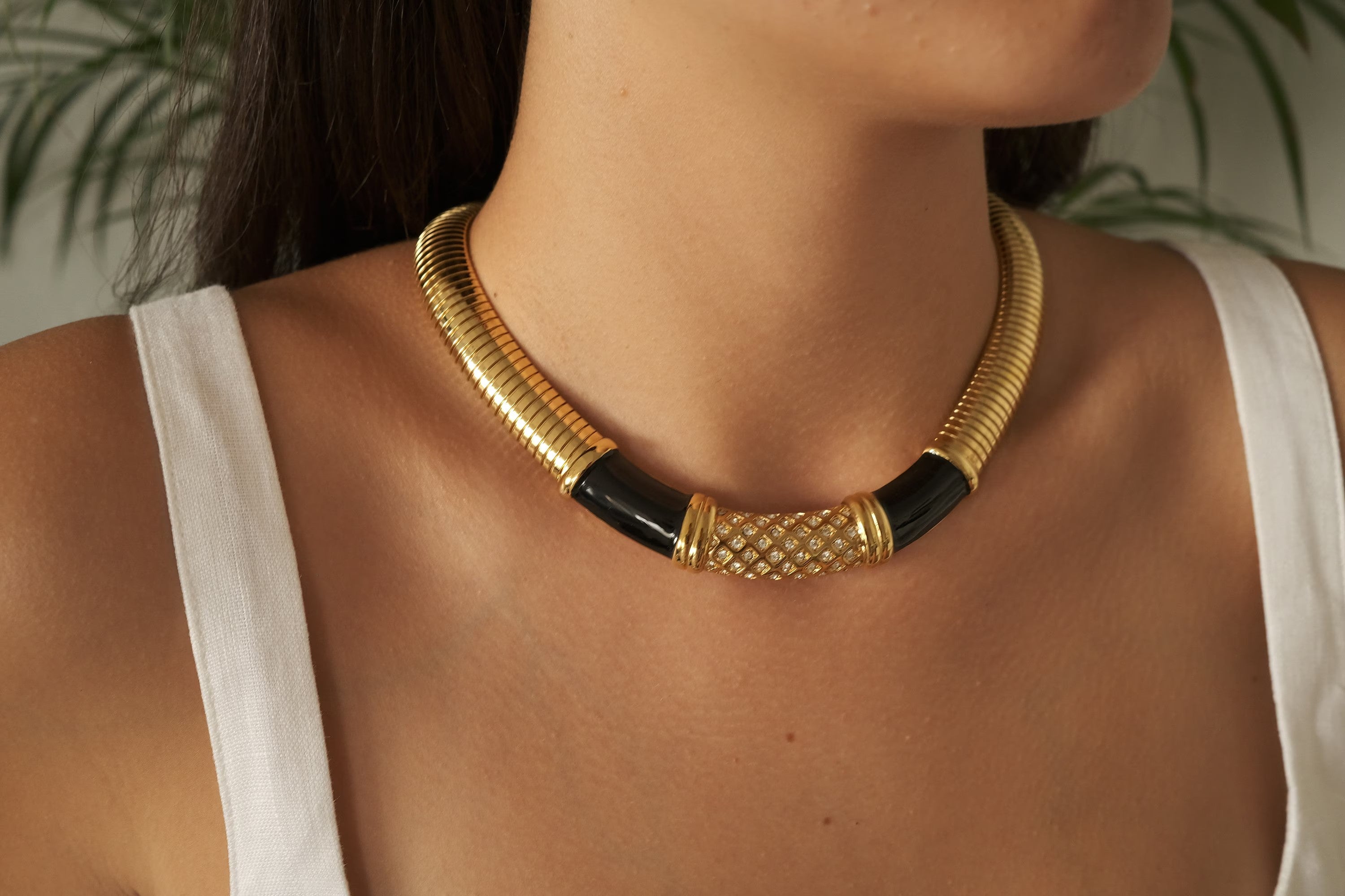 Vintage Monet Necklace Charm, Gold Tone Necklace, Black Enamel, Choker gaspipe  Necklace, Vintage Jewelry, Jewelry for Women, Gift for her