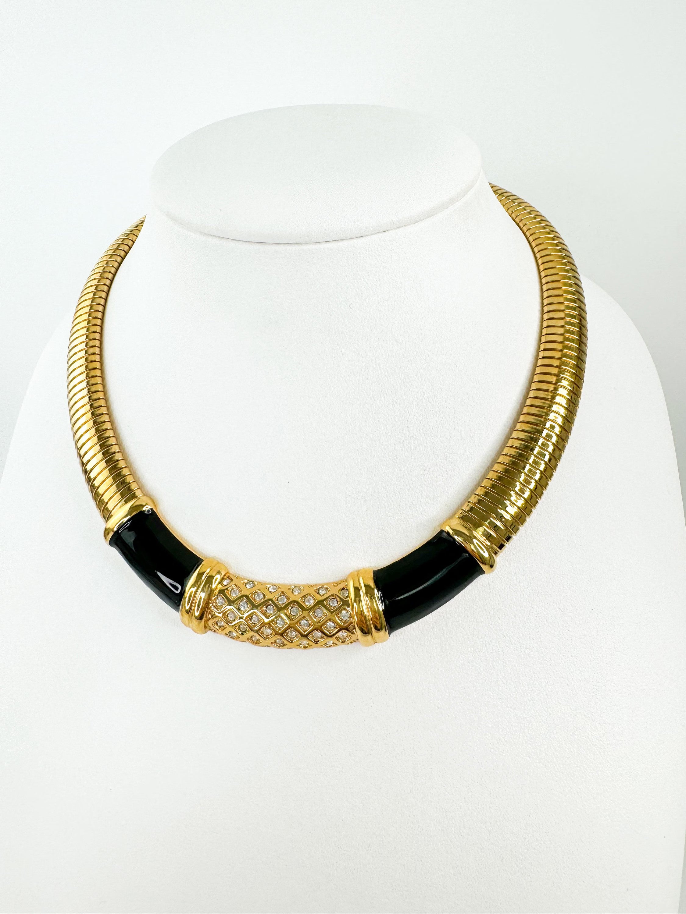 Vintage Monet Necklace Charm, Gold Tone Necklace, Black Enamel, Choker gaspipe  Necklace, Vintage Jewelry, Jewelry for Women, Gift for her