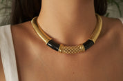 Vintage Monet Necklace Charm, Gold Tone Necklace, Black Enamel, Choker gaspipe  Necklace, Vintage Jewelry, Jewelry for Women, Gift for her