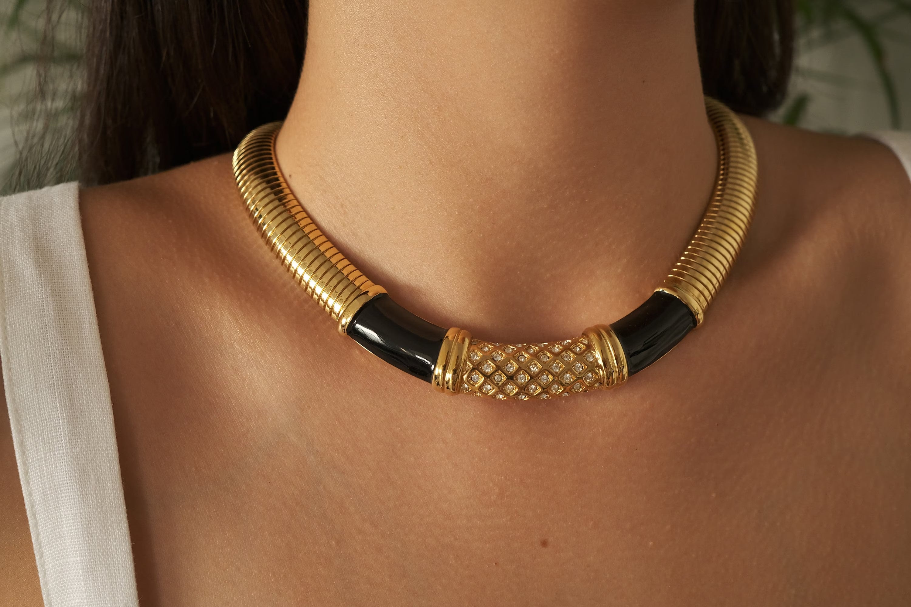 Vintage Monet Necklace Charm, Gold Tone Necklace, Black Enamel, Choker gaspipe  Necklace, Vintage Jewelry, Jewelry for Women, Gift for her