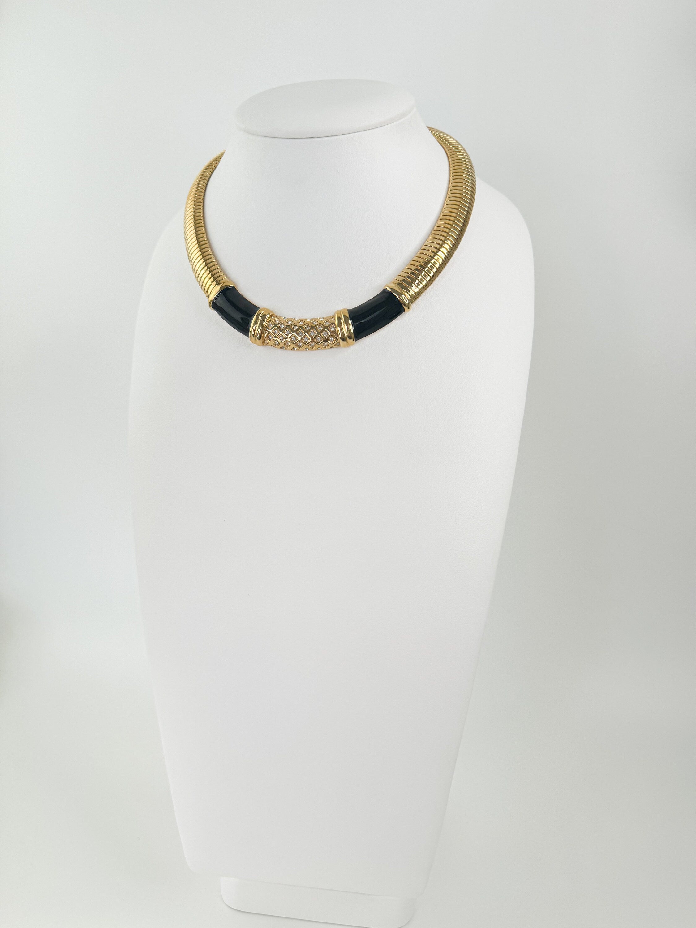 Vintage Monet Necklace Charm, Gold Tone Necklace, Black Enamel, Choker gaspipe  Necklace, Vintage Jewelry, Jewelry for Women, Gift for her