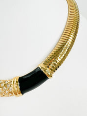 Vintage Monet Necklace Charm, Gold Tone Necklace, Black Enamel, Choker gaspipe  Necklace, Vintage Jewelry, Jewelry for Women, Gift for her