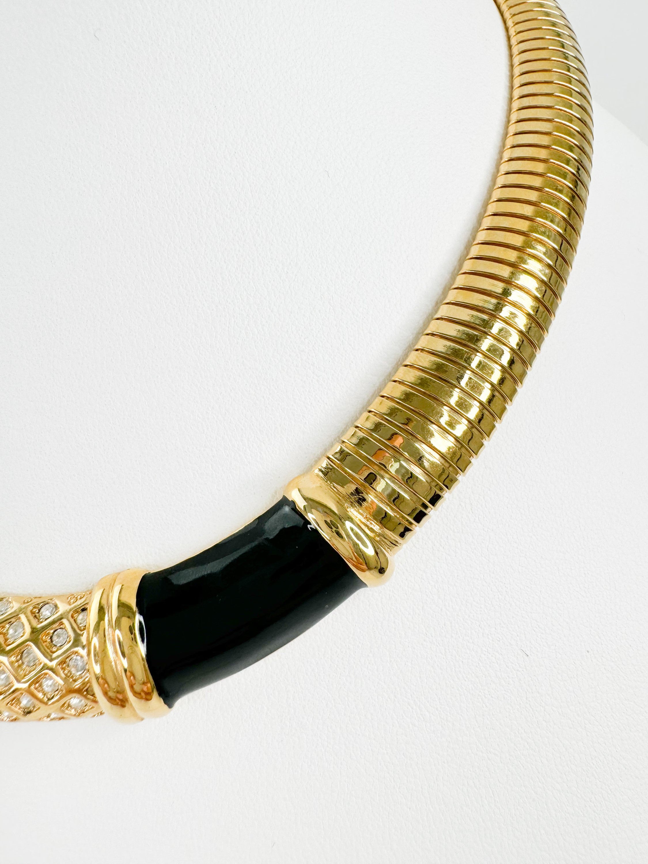 Vintage Monet Necklace Charm, Gold Tone Necklace, Black Enamel, Choker gaspipe  Necklace, Vintage Jewelry, Jewelry for Women, Gift for her