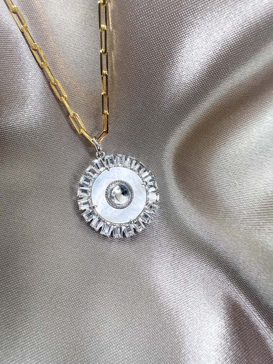 【Mirror Crystal Rhodium Plated】Lucky Charm Pendant Necklace Evil Eye Sterling Silver925 Mother of Pearl Beautiful