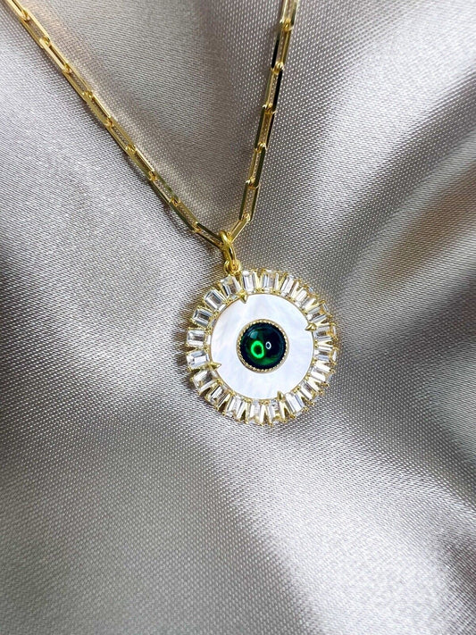 【Green Crystal Gold Plated】Lucky Charm Pendant Necklace Evil Eye Sterling Silver925 Mother of Pearl Beautiful