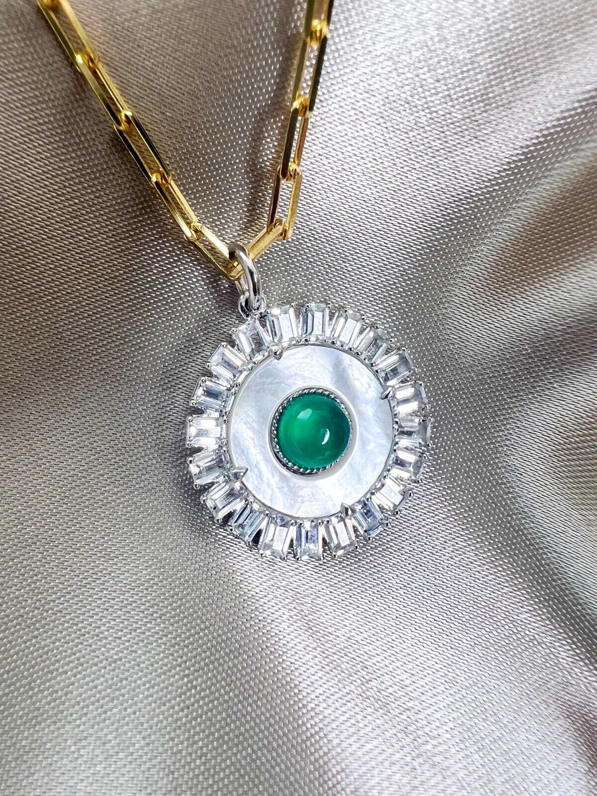 【Green Onyx Rhodium Plated】Lucky Charm Pendant Necklace Evil Eye Sterling Silver925 Mother of Pearl Beautiful
