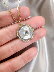 【Mirror Crystal Gold Plated】Lucky Charm Pendant Necklace Evil Eye Sterling Silver925 Mother of Pearl Beautiful