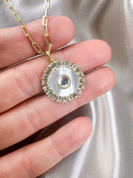 【Mirror Crystal Gold Plated】Lucky Charm Pendant Necklace Evil Eye Sterling Silver925 Mother of Pearl Beautiful